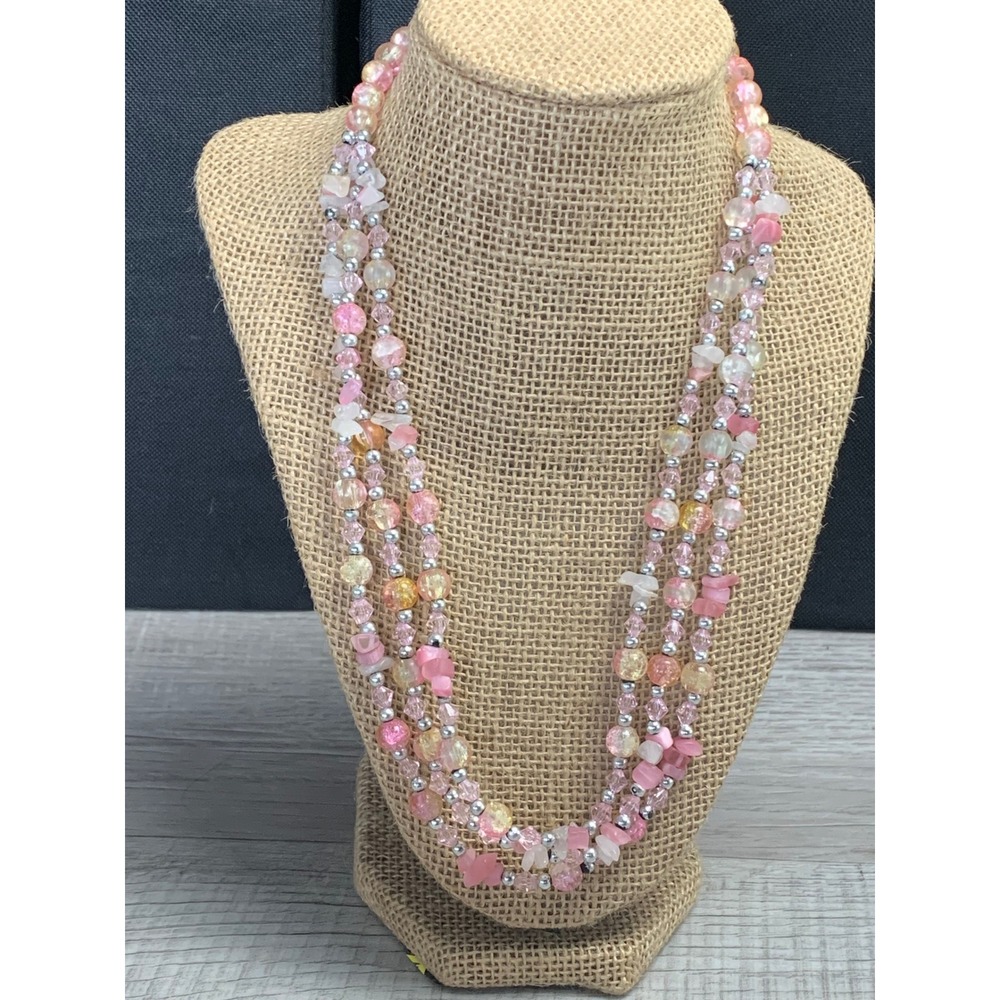 Pink Multistrand Beaded Necklace Silver Tone Lobster Clasp 20 Inch 4900